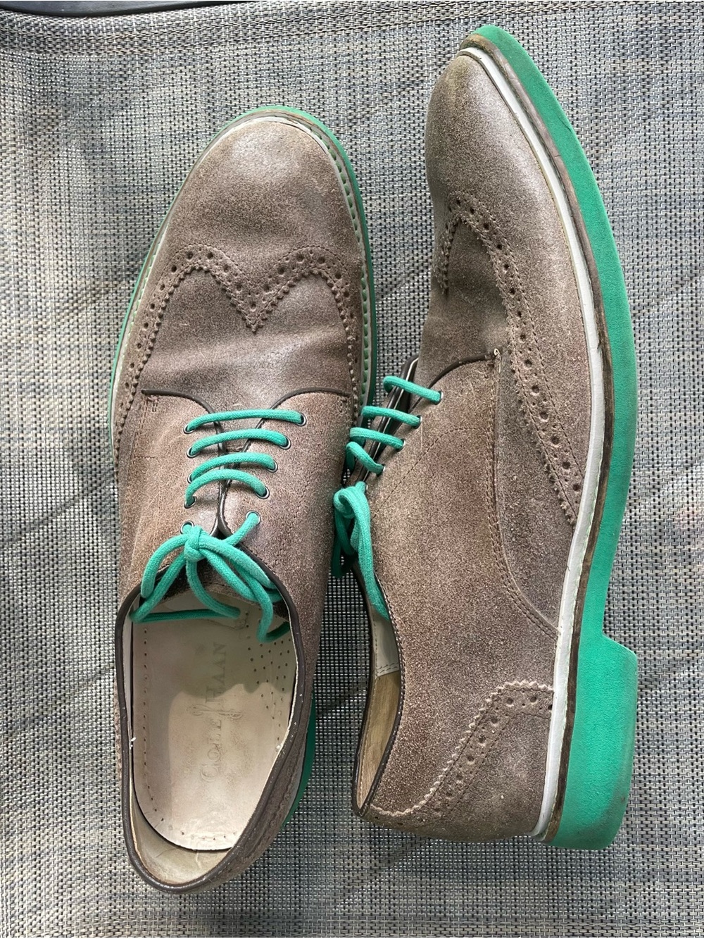Cole Haan Nike Brown Suede Wingtip Oxfords with Green Accents